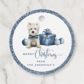 Kerstmis, Feestelijke Puppy, Blauw en Zilveren Swi Bedankjes Labels (Voorkant)