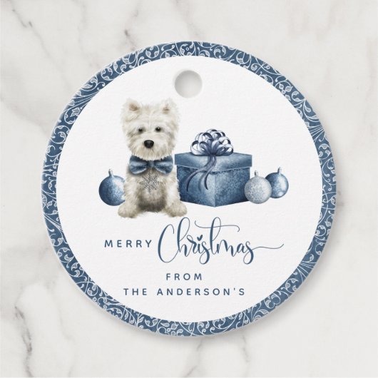 Kerstmis, Feestelijke Puppy, Blauw en Zilveren Swi Bedankjes Labels (Voorkant)
