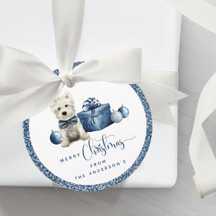 Kerstmis, Feestelijke Puppy, Blauw en Zilveren Swi Bedankjes Labels