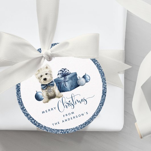Kerstmis, Feestelijke Puppy, Blauw en Zilveren Swi Bedankjes Labels