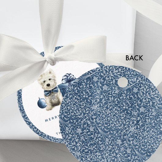 Kerstmis, Feestelijke Puppy, Blauw en Zilveren Swi Bedankjes Labels