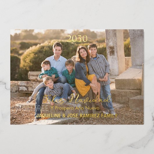 Kerstmis Feliz Navidad Spaanse Familie Foto Goud Folie Feestdagenkaart (Voorkant)