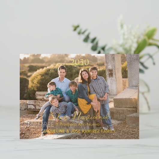 Kerstmis Feliz Navidad Spaanse Familie Foto Goud Folie Feestdagenkaart (Staand Voorkant)