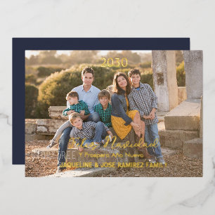 Kerstmis Feliz Navidad Spaanse familiefoto Goud Folie Feestdagenkaart