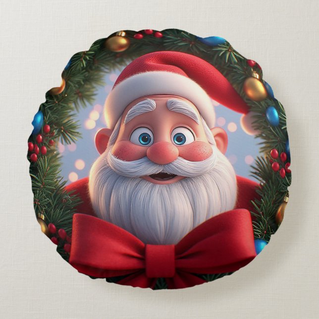 Kerstmis Festieve Cartoon Kerstman Rond Kussen (Voorkant)