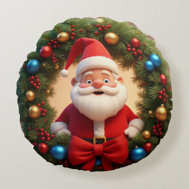 Kerstmis Festieve Cartoon Kerstman Rond Kussen (Voorkant)