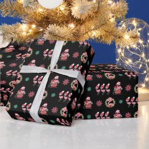 Kerstmis Festieve Flamingo's met slee op zwart Cadeaupapier