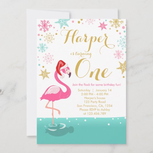 Kerstmis Flamingo Birthday-uitnodiging wintersneeu Kaart (Voorkant)