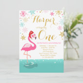 Kerstmis Flamingo Birthday-uitnodiging wintersneeu Kaart (Staand voorkant)