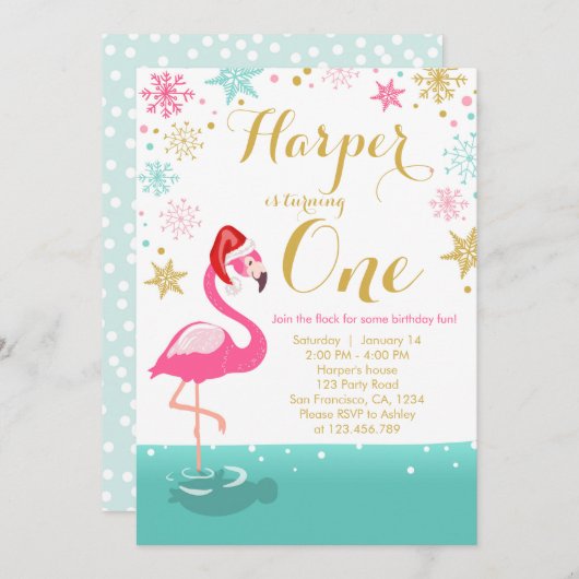 Kerstmis Flamingo Birthday-uitnodiging wintersneeu Kaart (Voorkant / Achterkant)