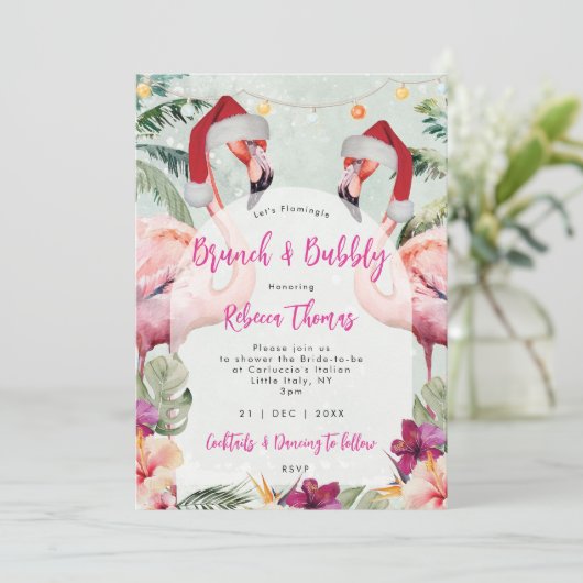 Kerstmis flamingo brunch bruids douche uitnodiging (Staand voorkant)