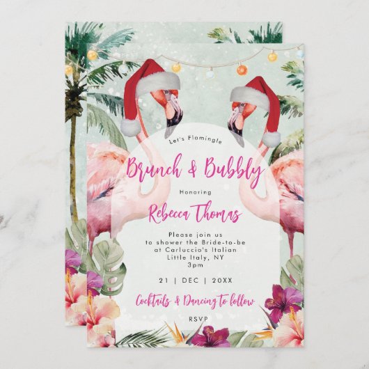 Kerstmis flamingo brunch bruids douche uitnodiging (Voorkant / Achterkant)
