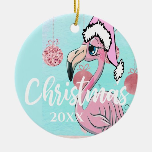 Kerstmis Flamingo Foto Blue Pink Girly Cute Keramisch Ornament (Voorkant)