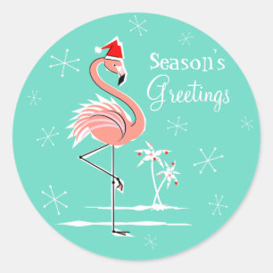 Kerstmis Flamingo Season's Greetings round Ronde Sticker