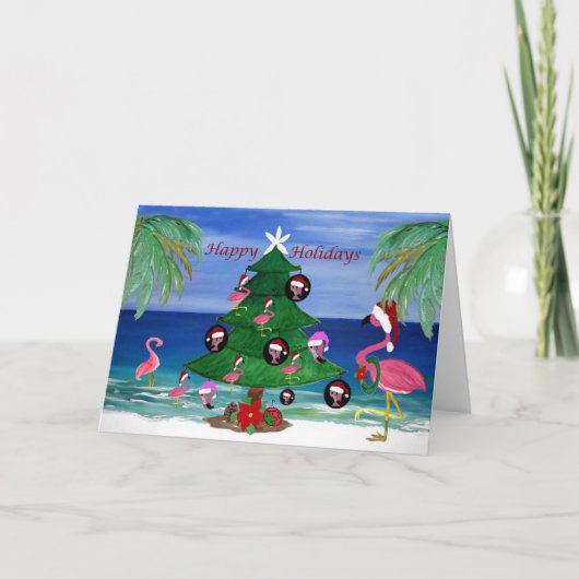 Kerstmis flamingo's trim een boom Vakantie groet. Bedankkaart (Voorkant)