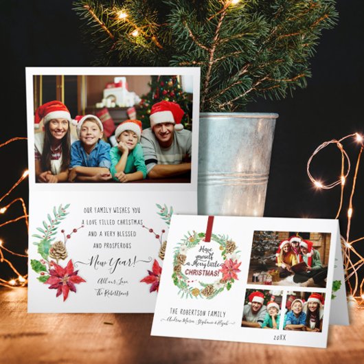 Kerstmis, Floral Holly Pine Cone Family Feestdagen Kaart