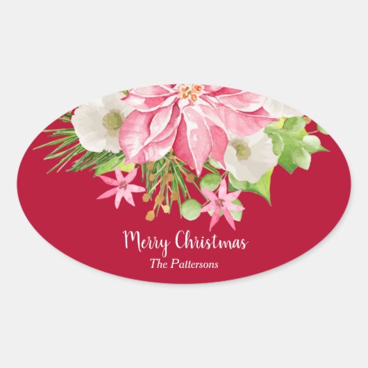 Kerstmis: Floral Red Holiday Ovale Sticker (Voorkant)