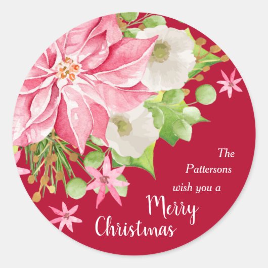 Kerstmis: Floral Red Holiday Ronde Sticker (Voorkant)