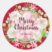 Kerstmis: Floral Red Holiday Ronde Sticker (Voorkant)