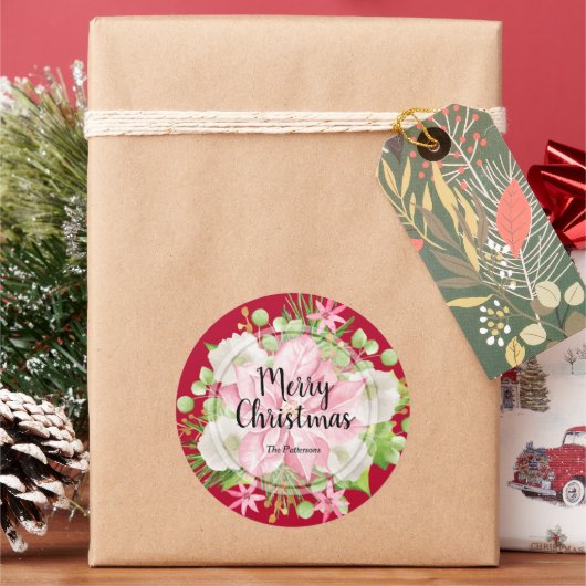Kerstmis: Floral Red Holiday Ronde Sticker (Feestdagen)