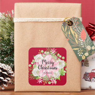 Kerstmis: Floral Red Holiday Vierkante Sticker