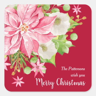 Kerstmis: Floral Red Holiday Vierkante Sticker
