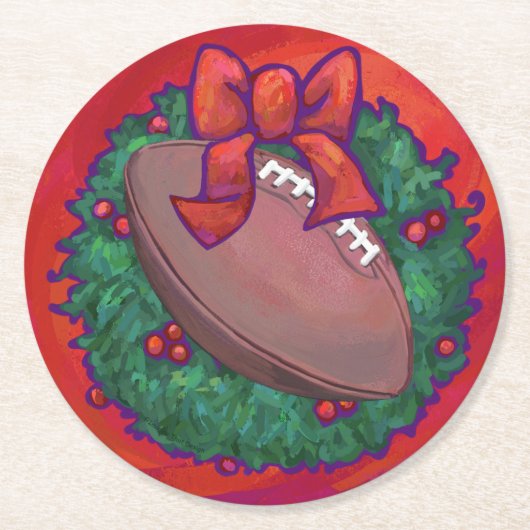 Kerstmis Football op rood Ronde Kartonnen Onderzetter (Voorkant)