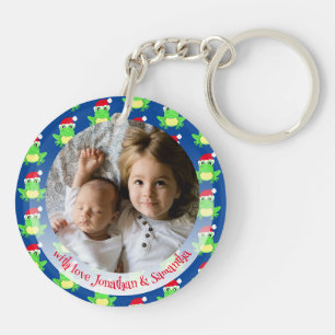 Kerstmis foto Blauwe Kikker Santa Hoed Patroon Sleutelhanger
