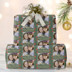 Kerstmis Foto Collage Groene Strepen Cadeaupapier