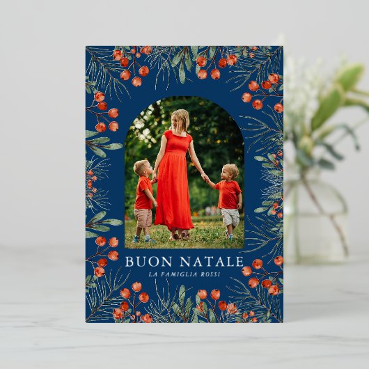 Kerstmis Foto Collage Waterverf Bloemmotief Folie Feestdagenkaart (Staand Voorkant)