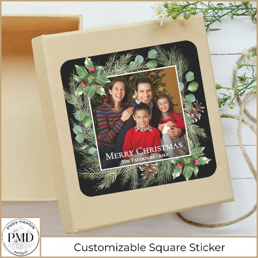 Kerstmis Foto Krans Botanisch Vierkante Sticker