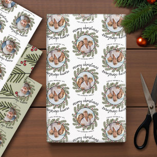 Kerstmis Foto met Kalligrafie en Takken Inpakpapier Vel
