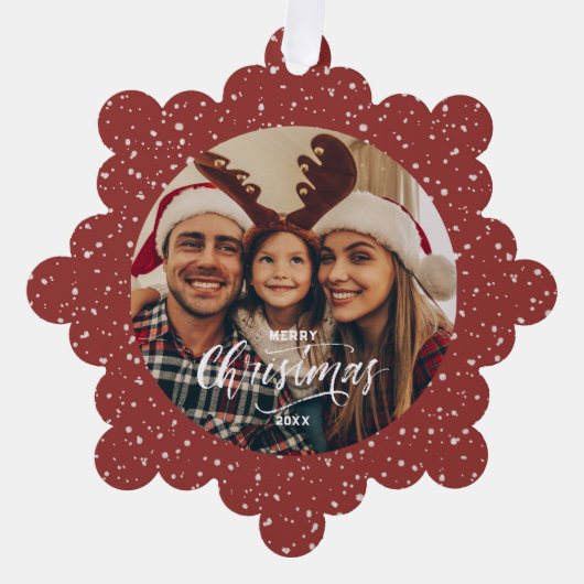 Kerstmis Foto met Rood Witte Sneeuw Ornament Kaart (Voorkant)