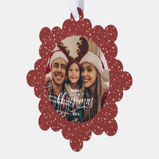 Kerstmis Foto met Rood Witte Sneeuw Ornament Kaart (Links)