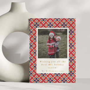 Kerstmis foto met vintage rood-blauw patroon verti feestdagenkaart