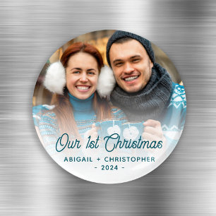 Kerstmis Foto Nieuwgetrouwd Turquoise Schrift Magneet