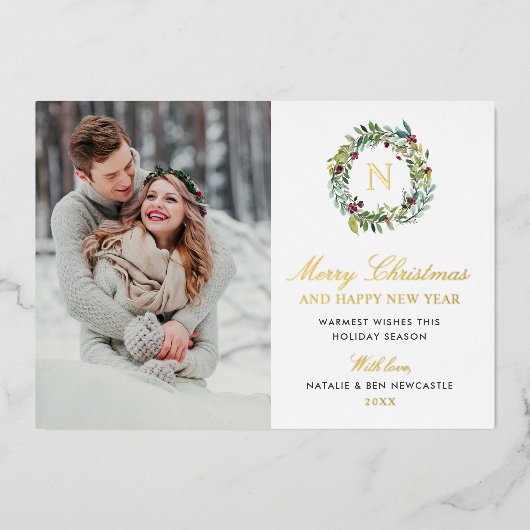 Kerstmis Foto Wintergroen Monogram Folie Feestdagenkaart (Voorkant)