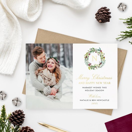 Kerstmis Foto Wintergroen Monogram Folie Feestdagenkaart