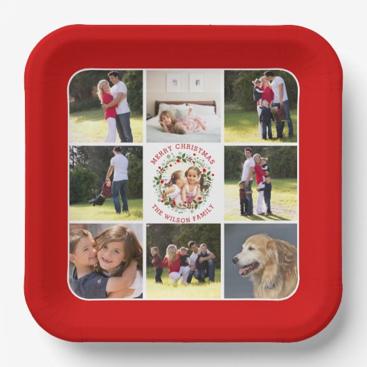 Kerstmis, fotocollage met negen foto's papieren bordje (Voorkant)