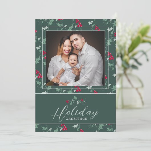 Kerstmis fotokaart groene rode bessen Kerstmis Feestdagenkaart (Staand voorkant)