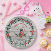 Kerstmis Franse Bull Dog Antlers Rustic Greenery Papieren Bordje (Feest)