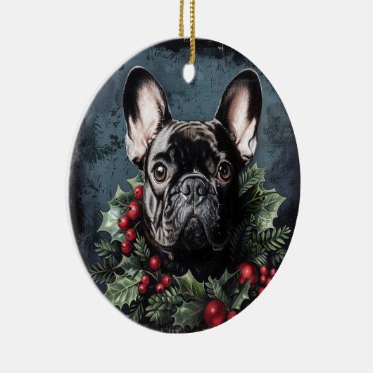 Kerstmis Franse Bulldog Holly Keramisch Ornament (Rechts)