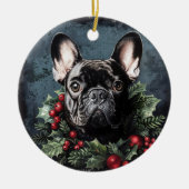 Kerstmis Franse Bulldog Holly Keramisch Ornament (Voorkant)