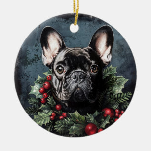 Kerstmis Franse Bulldog Holly Keramisch Ornament