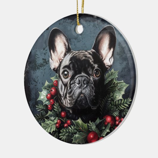 Kerstmis Franse Bulldog Holly Keramisch Ornament (Links)