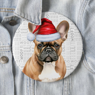 Kerstmis Franse Santa-hond op Woof-achtergrond Ronde Button 6,0 Cm