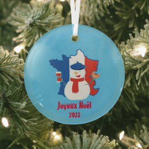 Kerstmis Franse vlag Sneeuwman Glas Ornament