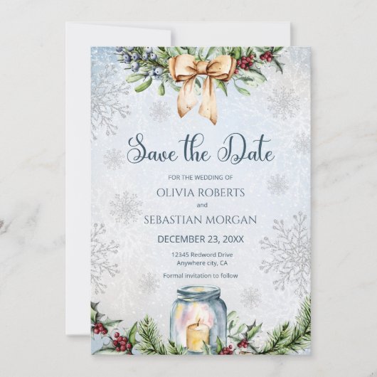 Kerstmis Frosty Snowly Winter bruiloft Save The Date (Voorkant)