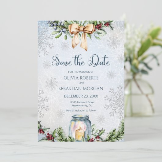 Kerstmis Frosty Snowly Winter bruiloft Save The Date (Staand voorkant)