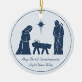 Kerstmis Geboorte Inspirerend Gezegde Blauw Keramisch Ornament (Voorkant)